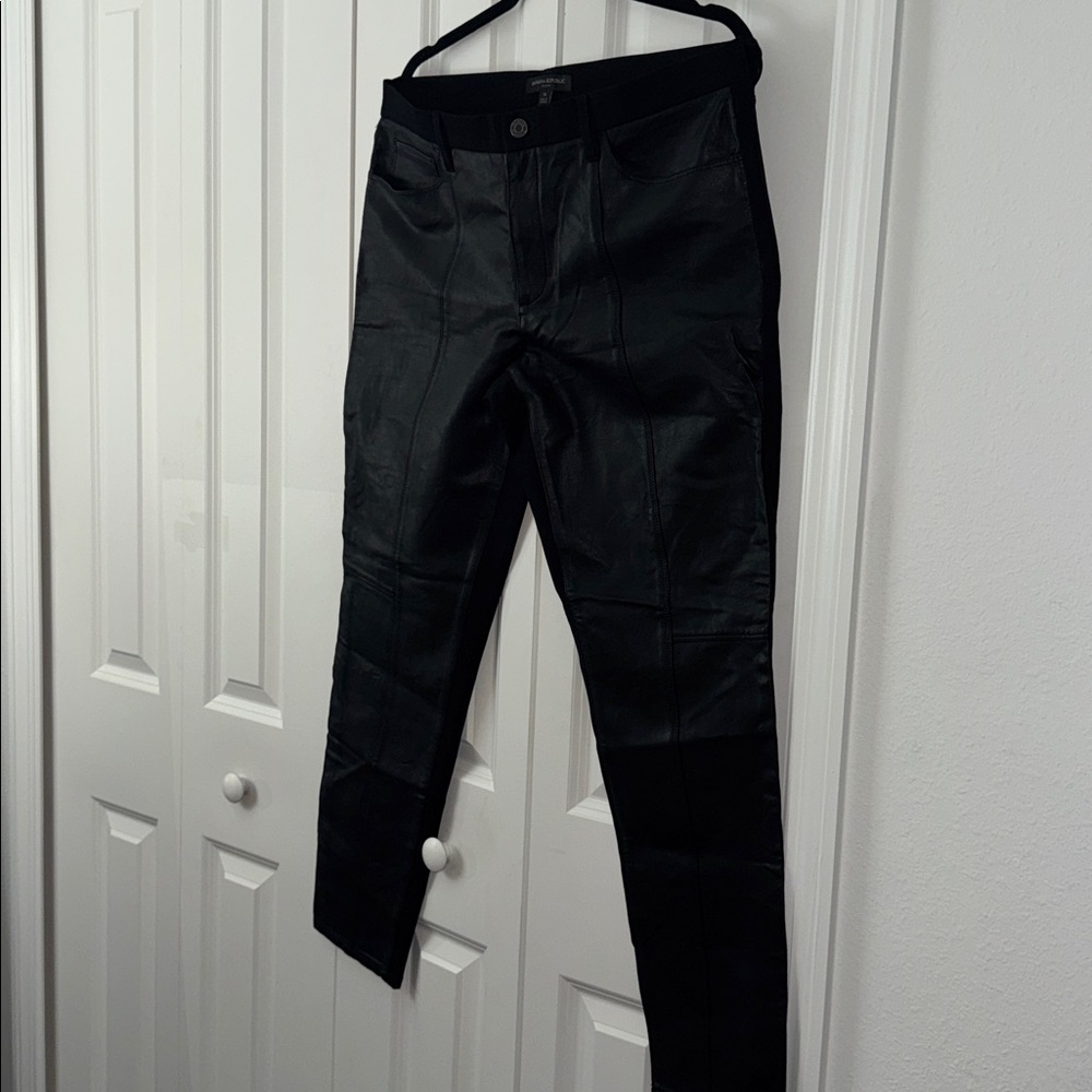 Banana Republic Black Leather Trousers. Front leather back stretch denim
